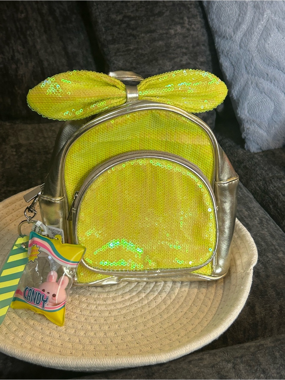 Kids Sequin Bow Mini Backpack - Yellow with bag charm